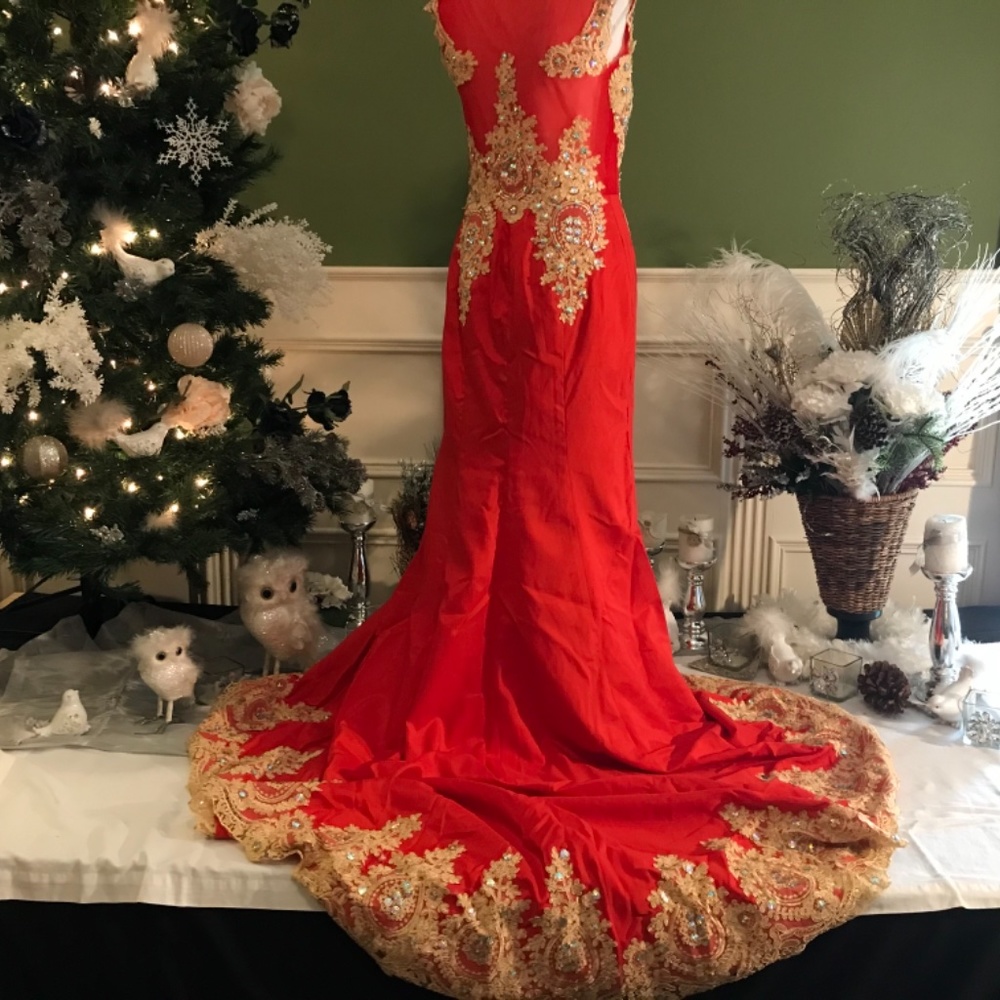 Red with gold appliqué mermaid style dress - Picture 8 of 13